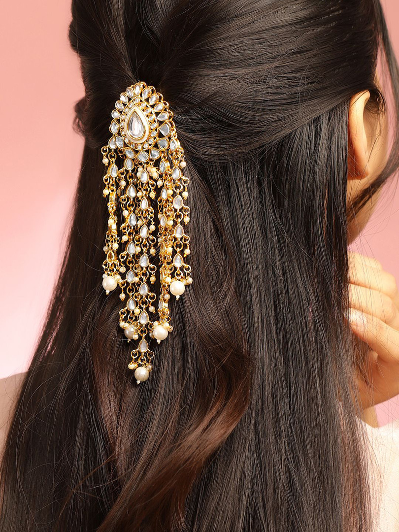Hair accessories Rubans 18K Gold-Plated Kundan & Pearl Beads Studded Teardrop Multilayer Hair Accessory